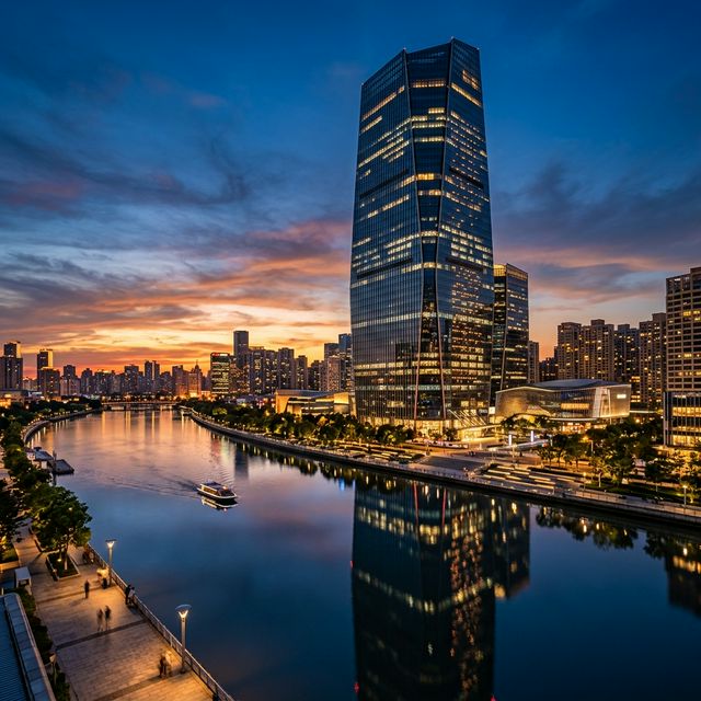 A hyper-realistic 8k architectural photography of a modern glass banking skyscraper reflecting the deep blue river at twilight with cinematic lighting