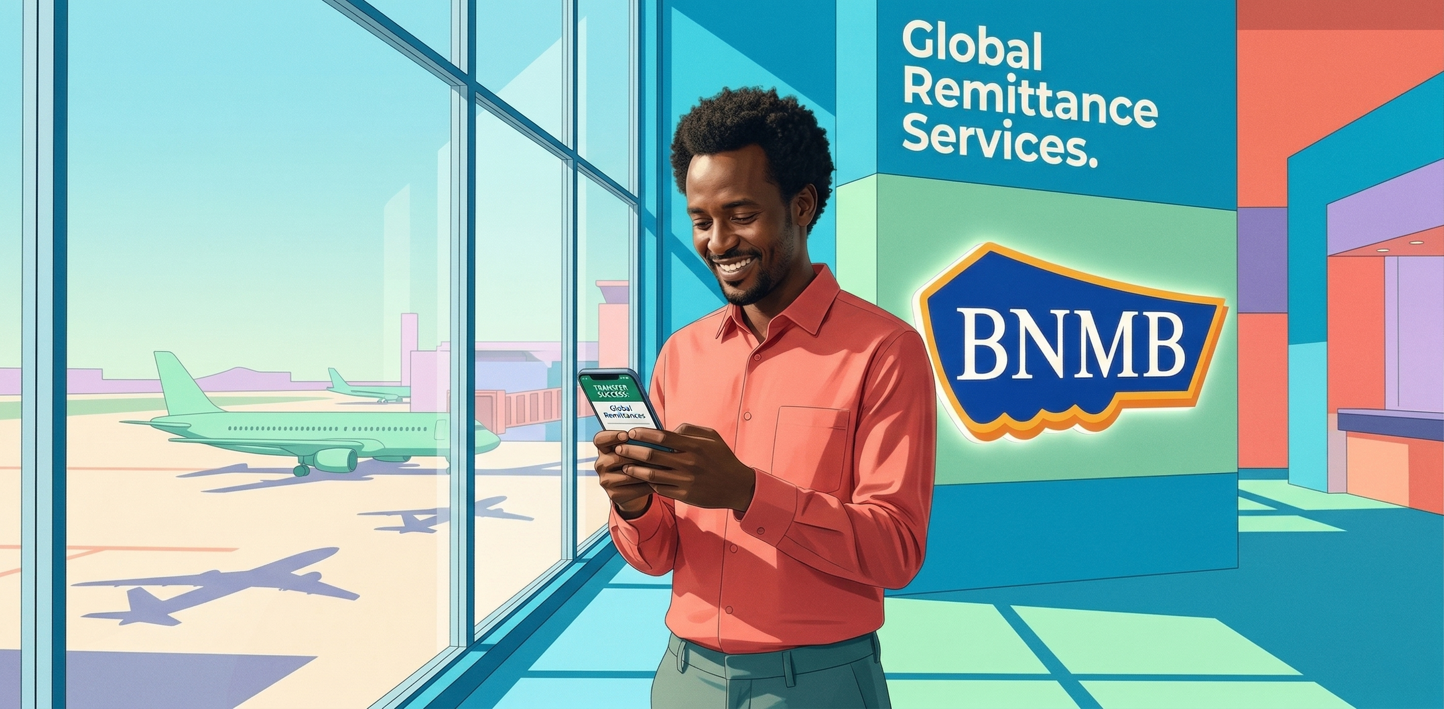 Man at airport consulting BNMB app for transfers